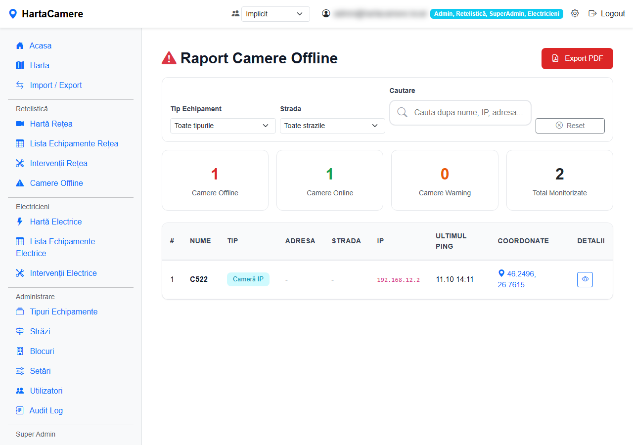 Rapoarte camere offline si interventii